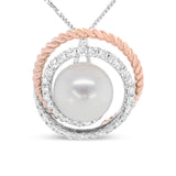 14K Rose and White Gold 3/8 Cttw Pave Diamond and 9mm Round Pearl Spiral Openwork 18" Pendant Necklace- (H-I Color, VS1-VS2 Clarity)
