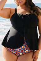 Black Drawstring Tied Front Flared Top Geometric Print Bottom Tankinis