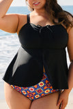Black Drawstring Tied Front Flared Top Geometric Print Bottom Tankinis