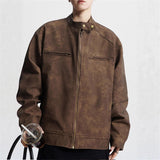 Vintage Brown Motorcycle Leather Autumn Merard Stand-up Collar Distressed Coat