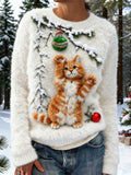 New Flannel Printed Christmas Sweet Crew-Neck Top With Snowman Design