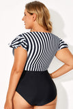 Black Stripe Knot Cutout Ruffle Sleeve and High Waisted 2pcs Swimsuit
