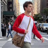Mens Short Raglan-Style Baseball Long-Sleeve Striped Casual T-Shirt