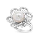 14K White Gold 11mm Round Pearl and 1/3 Cttw Round Diamond Openwork Flower Blossom Ring (H-I Color, VS1-VS2 Clarity) - Size 6.50
