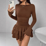 Round-neck Sheath Dress With Pleats And Long Sleeves
