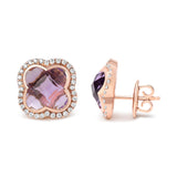 18K Rose Gold 3/8 Cttw Diamond and 11x11mm Clover-Cut Purple Amethyst Gemstone Clover Halo Stud Earrings (G-H Color, SI1-SI2 Clarity)
