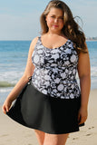 Black Printed Square Neck Drawstring Ruffled Tankini Set