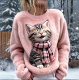 New Flannel Printed Christmas Sweet Crew-Neck Top With Snowman Design