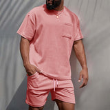 Mens Corduroy Casual Crew-Neck Shorts Set