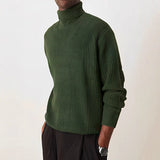 Mens Casual Solid-color Turtleneck Sweater With Vertical Stripes