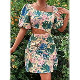 Floral Print Lantern Sleeve Cut Out Asymmetrical Neck Ruffle Hem Dress