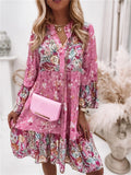 Floral Print Ruffle Hem Dress; Boho Holiday Long Sleeve V-neck Dress; Women's Clothing