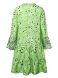 Floral Print Ruffle Hem Dress; Boho Holiday Long Sleeve V-neck Dress; Women's Clothing