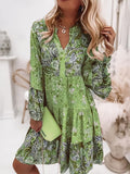 Floral Print Ruffle Hem Dress; Boho Holiday Long Sleeve V-neck Dress; Women's Clothing