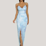 Floral Sequined Dress, Sexy Spaghetti Strap Sleeveless Party Dress, Women's Clothing