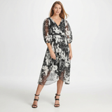 DKNY Womens Sheer Belted Zippered Floral 3/4 Sleeve V Neck Sheath Dress, Size 2