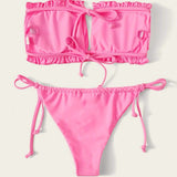 Frill Trim Bandeau Tie Side Bikini Swimsuit