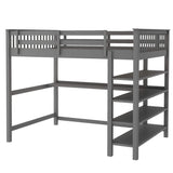 Full Size Loft Bed with Under-bed Desk and Storage Shelves