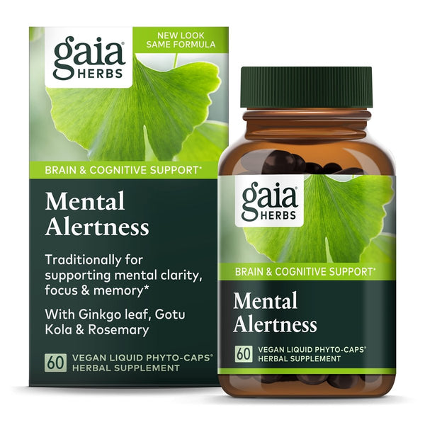Gaia Herbs Mental Alertness - Brain Support Supplement to Help Maintain Focus & Memory* - with Eleuthero, Ginkgo Leaf, Gotu Kola, Rosemary & Oats - 60 Vegan Liquid Phyto-Capsules (15-Day Supply)
