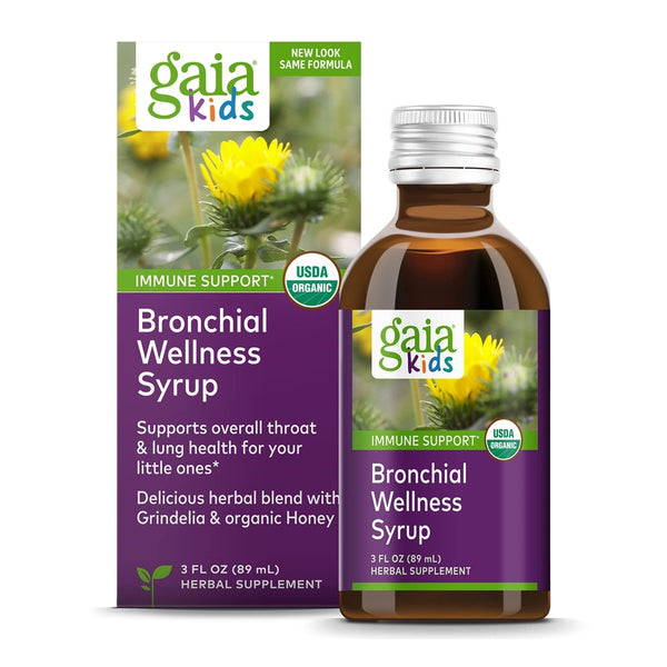 Gaia Kids Bronchial Wellness Syrup - Immune Support Supplement - Overall Throat & Lung Health Support - Certified Organic Formula with English Plantain, Grindelia & Honey - 3 Fl Oz (18 Servings)