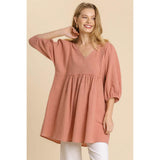 Gauze Slub V-neck Frayed Edge Detail Tunic Dress