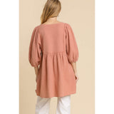 Gauze Slub V-neck Frayed Edge Detail Tunic Dress