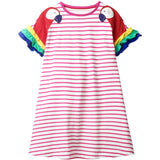 Girls Cotton Long Sleeve Casual Cartoon Appliques Striped Jersey Dress