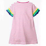 Girls Cotton Long Sleeve Casual Cartoon Appliques Striped Jersey Dress