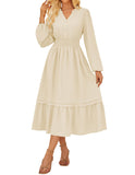 GRACE KARIN 2025 Women's Casual Fall Long Sleeve Midi Dresses, V-Neck Smocked Tiered Dress,Wedding Guest Dress
