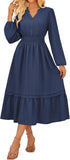 GRACE KARIN 2025 Women's Casual Fall Long Sleeve Midi Dresses, V-Neck Smocked Tiered Dress,Wedding Guest Dress