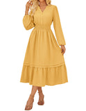 GRACE KARIN 2025 Women's Casual Fall Long Sleeve Midi Dresses, V-Neck Smocked Tiered Dress,Wedding Guest Dress