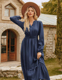 GRACE KARIN 2025 Women's Casual Fall Long Sleeve Midi Dresses, V-Neck Smocked Tiered Dress,Wedding Guest Dress