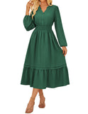 GRACE KARIN 2025 Women's Casual Fall Long Sleeve Midi Dresses, V-Neck Smocked Tiered Dress,Wedding Guest Dress