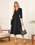 GRACE KARIN 2025 Women's V Neck 3/4 Sleeve Tie Waist Business Work A Line Midi Dress