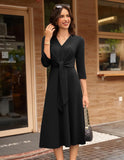 GRACE KARIN 2025 Women's V Neck 3/4 Sleeve Tie Waist Business Work A Line Midi Dress