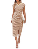 GRACE KARIN Women's Casual Summer Dresses Striped Polo V Neck Cap Sleeve Side Slit Ruched Bodycon Stretch Midi Dresses