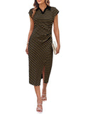 GRACE KARIN Women's Casual Summer Dresses Striped Polo V Neck Cap Sleeve Side Slit Ruched Bodycon Stretch Midi Dresses
