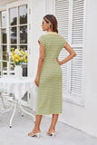 GRACE KARIN Women's Casual Summer Dresses Striped Polo V Neck Cap Sleeve Side Slit Ruched Bodycon Stretch Midi Dresses