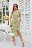 GRACE KARIN Women's Casual Summer Dresses Striped Polo V Neck Cap Sleeve Side Slit Ruched Bodycon Stretch Midi Dresses