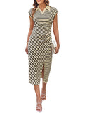 GRACE KARIN Women's Casual Summer Dresses Striped Polo V Neck Cap Sleeve Side Slit Ruched Bodycon Stretch Midi Dresses