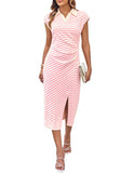 GRACE KARIN Women's Casual Summer Dresses Striped Polo V Neck Cap Sleeve Side Slit Ruched Bodycon Stretch Midi Dresses