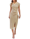 GRACE KARIN Women's Casual Summer Dresses Striped Polo V Neck Cap Sleeve Side Slit Ruched Bodycon Stretch Midi Dresses