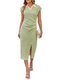GRACE KARIN Women's Casual Summer Dresses Striped Polo V Neck Cap Sleeve Side Slit Ruched Bodycon Stretch Midi Dresses