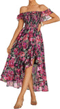 GRACE KARIN Women's Floral Print Maxi Dress Off Shoulder Smocked A Line Flowy Ruffle Wedding Guest Dresses with Pockets