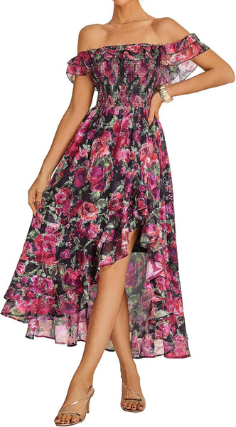 GRACE KARIN Women's Floral Print Maxi Dress Off Shoulder Smocked A Line Flowy Ruffle Wedding Guest Dresses with Pockets