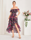 GRACE KARIN Women's Floral Print Maxi Dress Off Shoulder Smocked A Line Flowy Ruffle Wedding Guest Dresses with Pockets