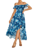 GRACE KARIN Women's Floral Print Maxi Dress Off Shoulder Smocked A Line Flowy Ruffle Wedding Guest Dresses with Pockets