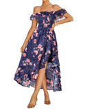 GRACE KARIN Women's Floral Print Maxi Dress Off Shoulder Smocked A Line Flowy Ruffle Wedding Guest Dresses with Pockets