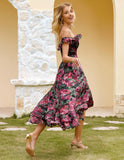GRACE KARIN Women's Floral Print Maxi Dress Off Shoulder Smocked A Line Flowy Ruffle Wedding Guest Dresses with Pockets