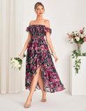 GRACE KARIN Women's Floral Print Maxi Dress Off Shoulder Smocked A Line Flowy Ruffle Wedding Guest Dresses with Pockets